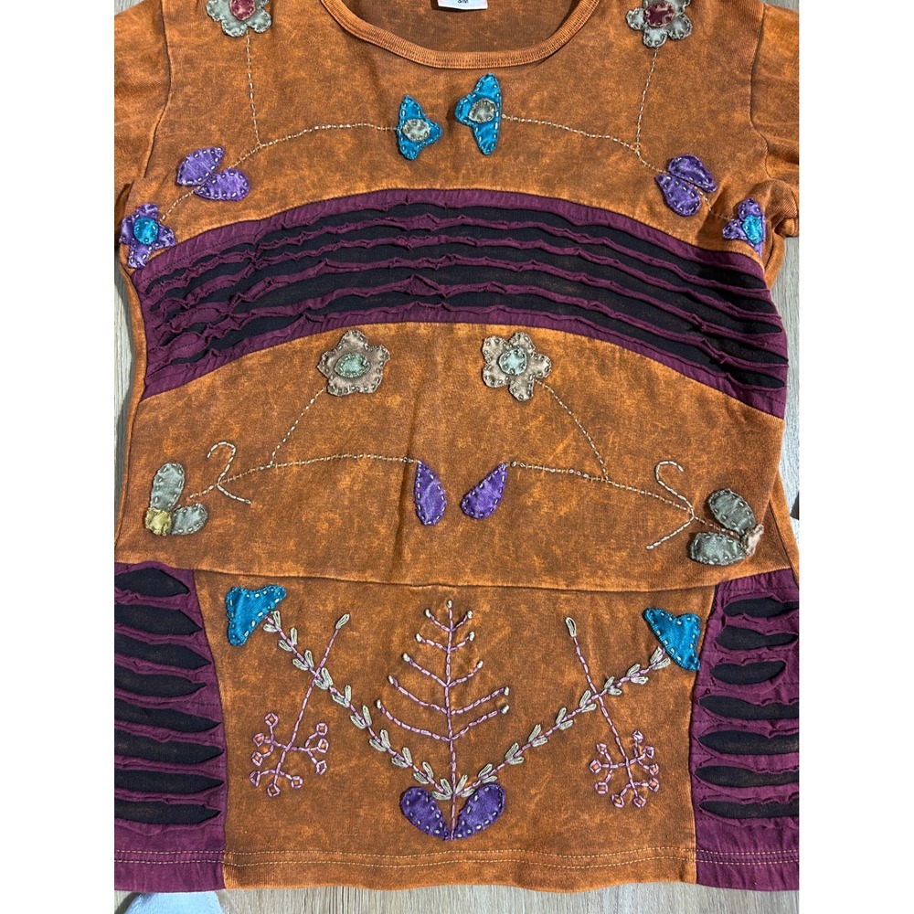 Vtg Orange Acid Wash Embroidered Patchwork Top Nepal S/M boho dopamine mushroom - Picture 4 of 7